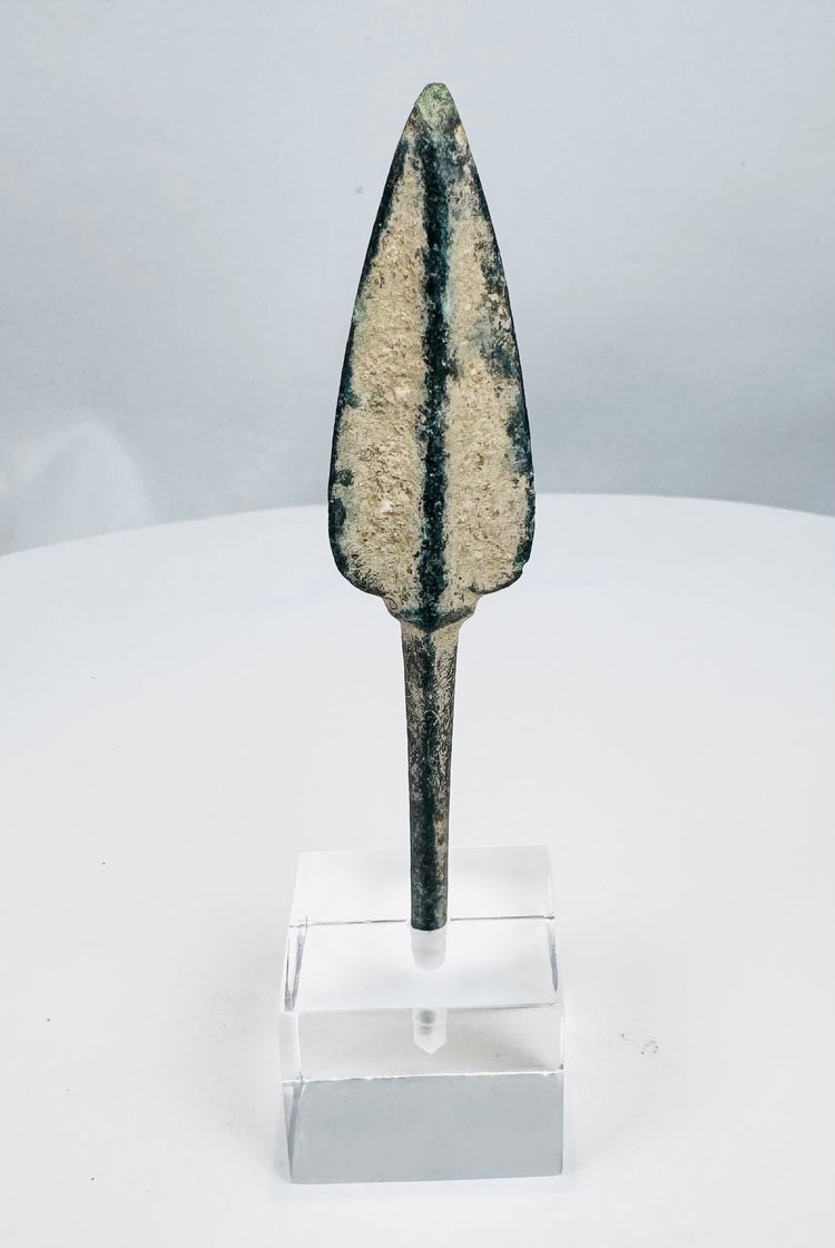 Tanged bronze javelin or spear point with green and blue-green archaeological patina
