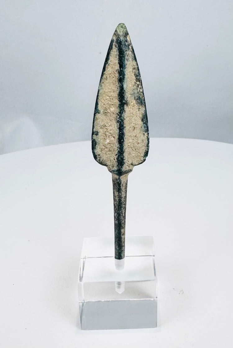 Tanged bronze javelin or spear point with green and blue-green archaeological patina
