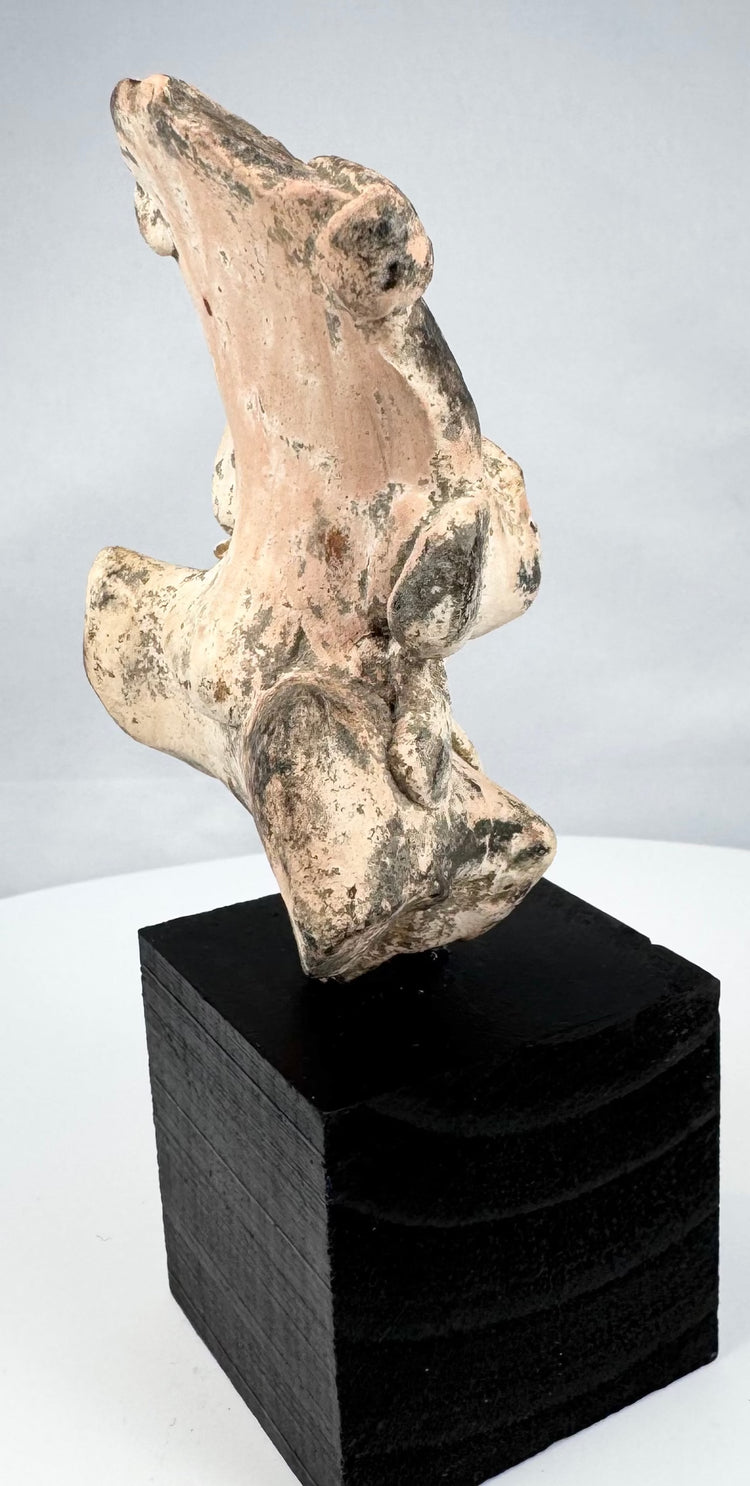 Pre-Columbian sculptural fragment with headdress, perforated eyes, and weathered surface