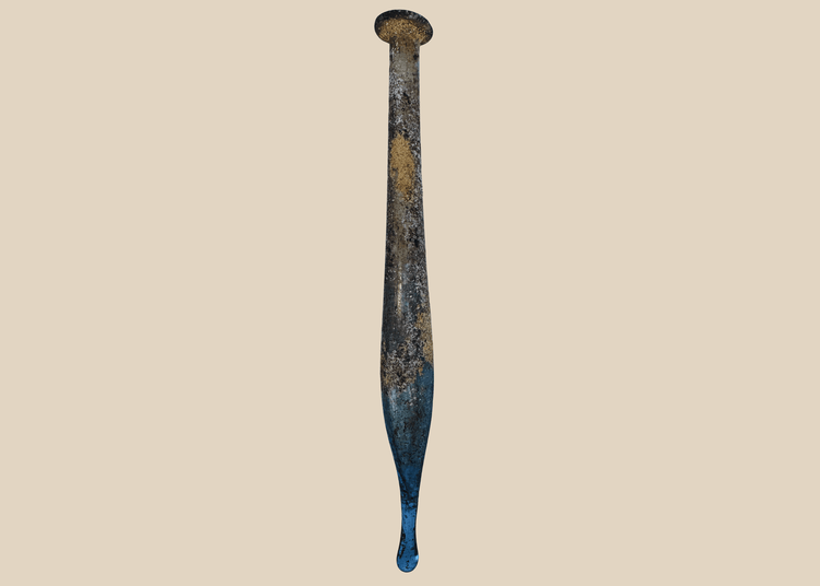 Ancient Roman blue glass candlestick unguentarium with elongated fusiform body, circa 1st–3rd Century AD