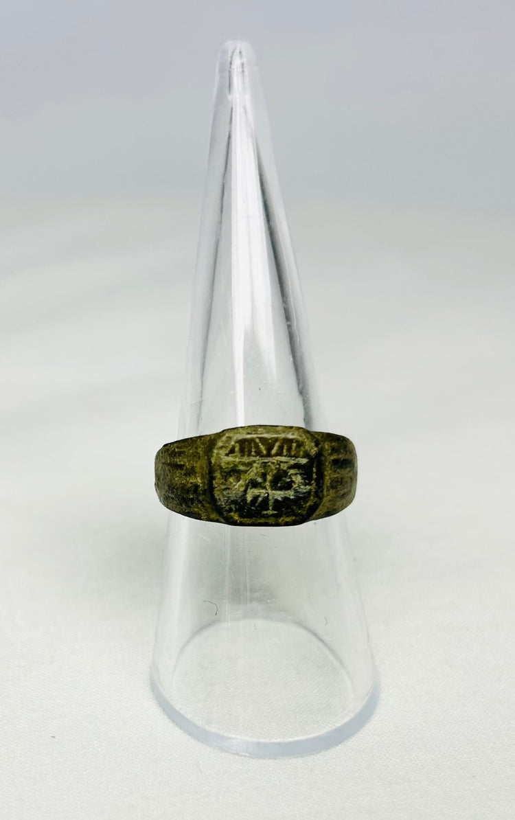 Roman bronze ring from early Christian period (1st–4th Century CE), Christogram engraving visible, genuine artifact from Relic and Rarity.