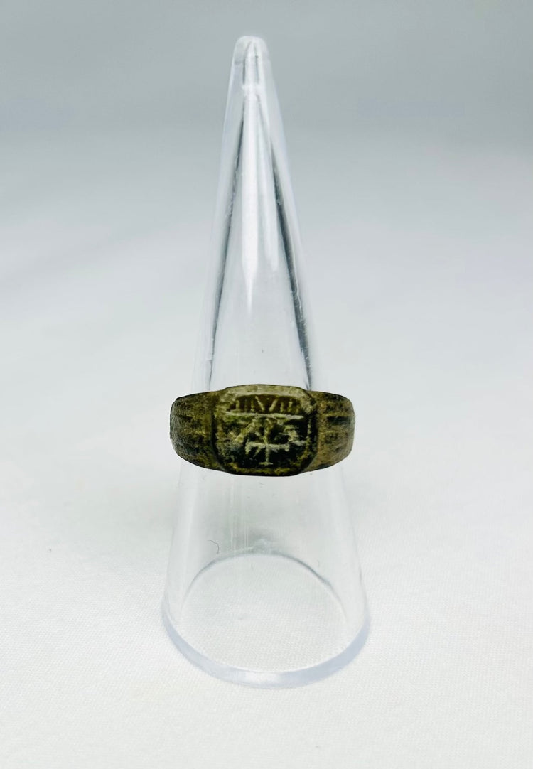 Roman early Christian bronze ring with engraved Christogram, 1st–4th Century CE, historical artifact displayed at Relic and Rarity Gallery.