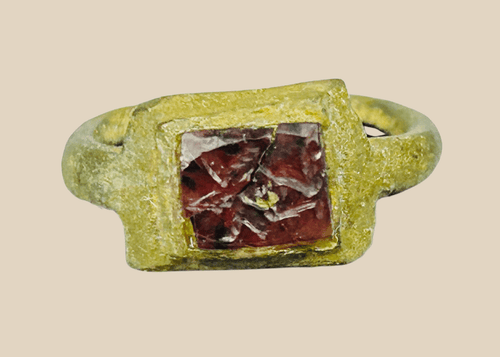 Ancient Roman bronze ring with red glass intaglio, circa 2nd century AD, square bezel, aged patina authentic archaeological artifact