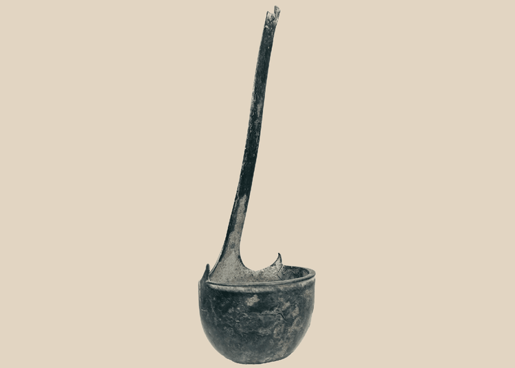 Ancient Roman bronze simpulum ladle with deep bowl and long curved handle