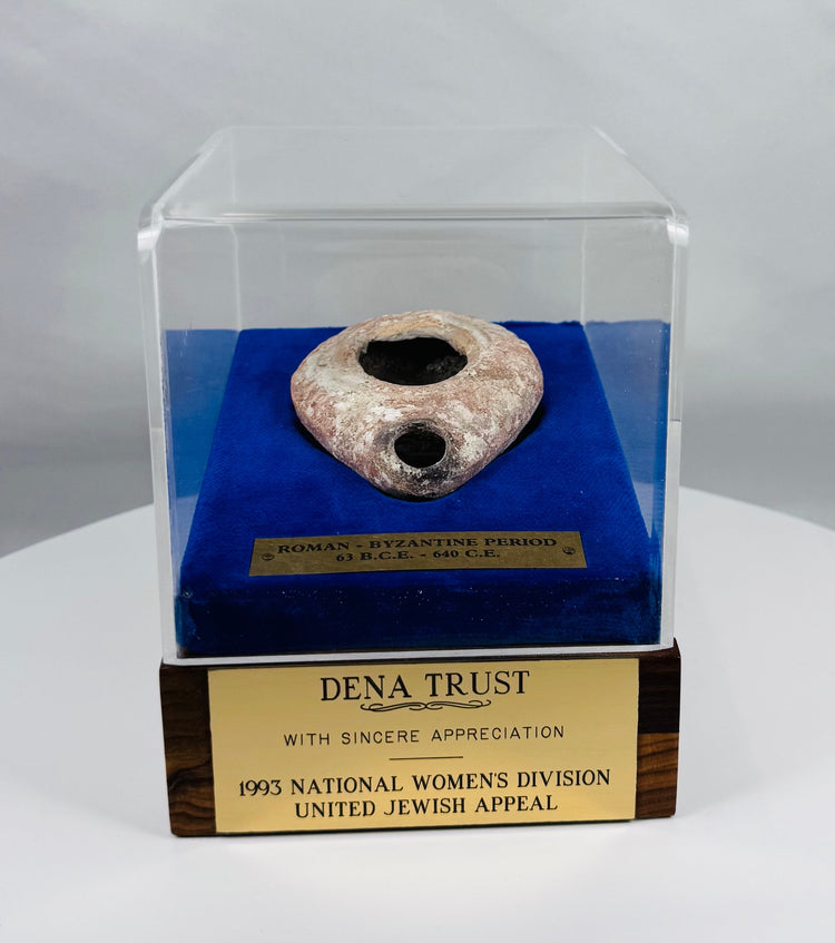 Authentic Roman–Byzantine oil lamp with archaeological patina and display cover