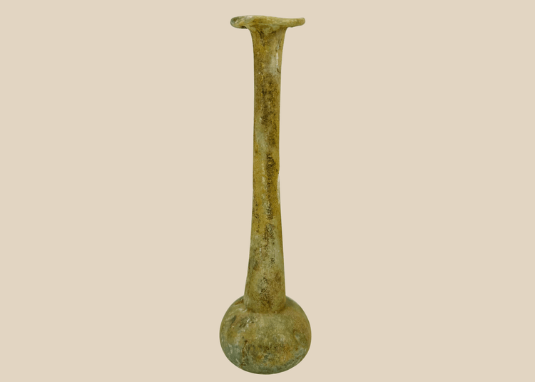 Ancient Roman glass unguentarium perfume bottle with tall neck and flared rim