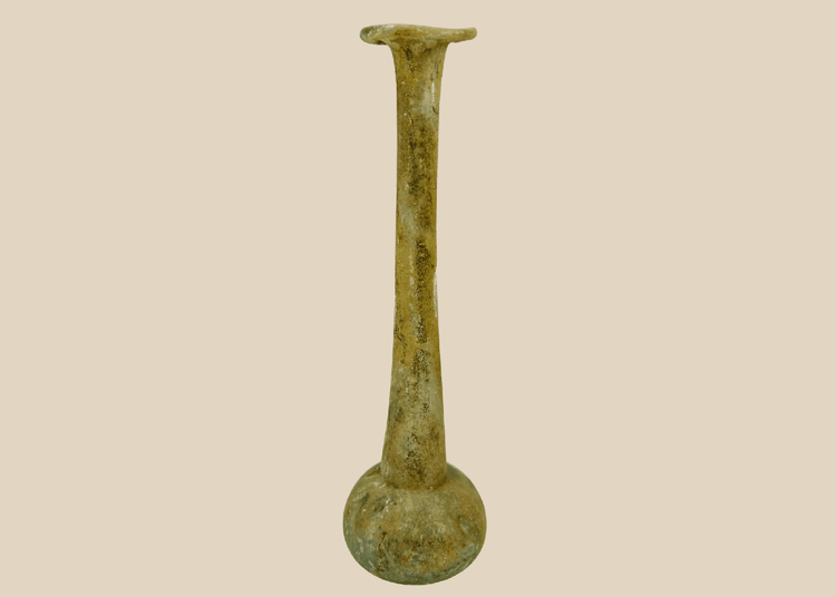 Ancient Roman glass unguentarium perfume bottle with tall neck and flared rim