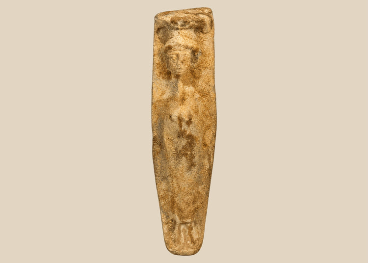 Ancient Roman fertility pottery figure, circa 1st–3rd century CE, carved terracotta form with faint human features and aged surface patina.