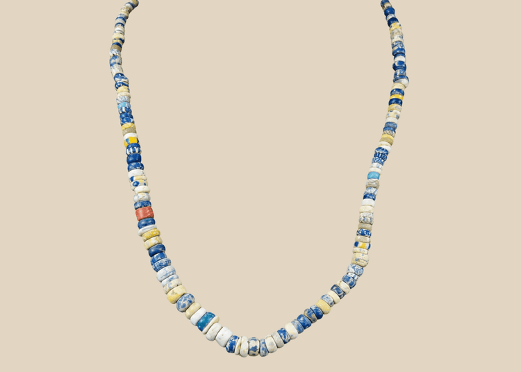 Ancient Roman polychrome glass bead necklace with blue, turquoise, amber, and cream beads