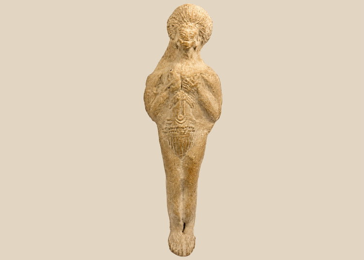 Roman terracotta fertility figure, 1st–3rd century CE, with raised arms, incised detailing, and aged earthen patina.