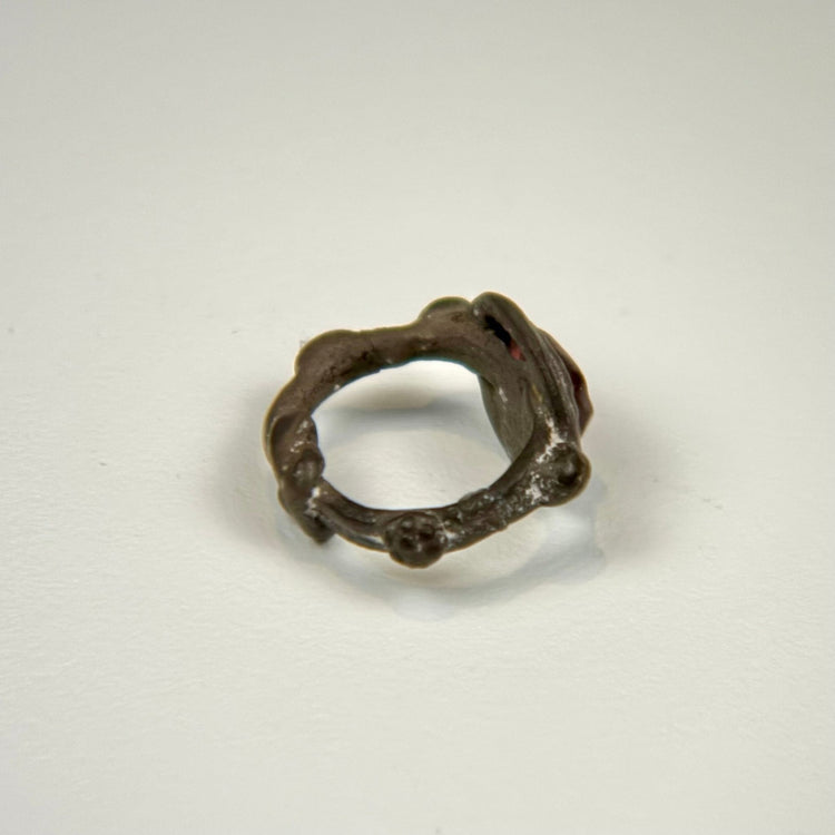 Profile of Early Byzantine silver ring showing the depth of the red garnet intaglio and raised bezel