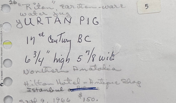 Original McMillan Collection inventory records, Hilton Hotel Antique Shop documentation, and valuation archive accompanying the Ancient Yortan Culture terracotta pig vessel.