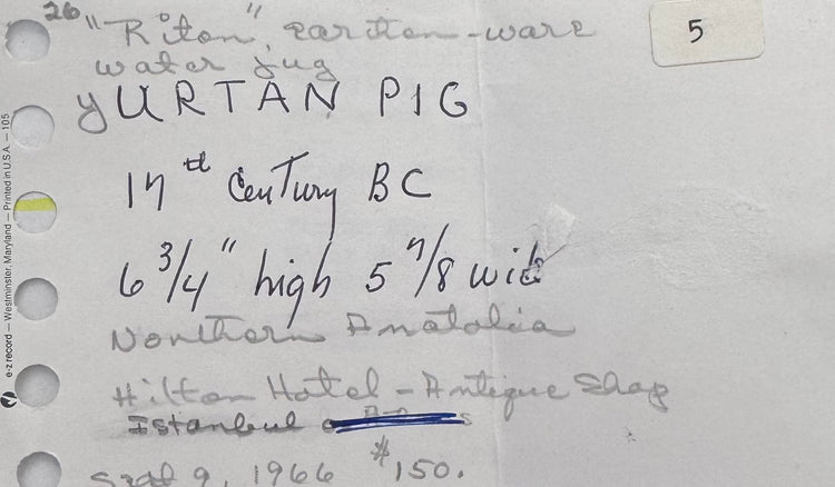 Original McMillan Collection inventory records, Hilton Hotel Antique Shop documentation, and valuation archive accompanying the Ancient Yortan Culture terracotta pig vessel.