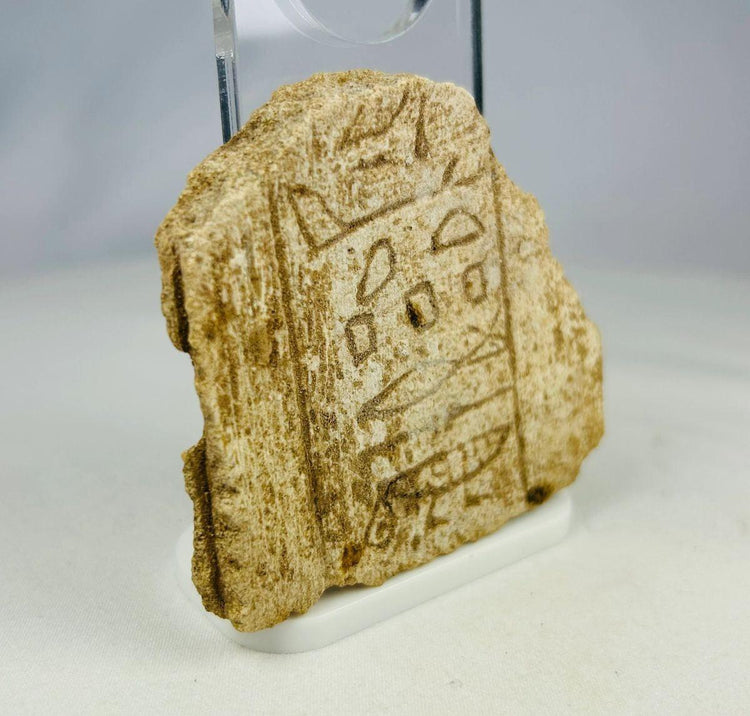 Ancient Egyptian hand-carved limestone fragment with clear hieroglyphic inscriptions, Late Period circa 700 BCE, showing symbols including loaf, water ripple, and eye motif, mounted on modern display base for study and exhibition.