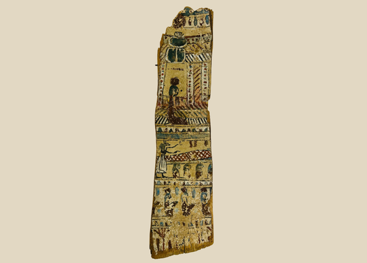 Front view of ancient Egyptian painted coffin fragment with colorful hieroglyphic scenes on beige background