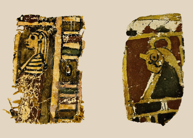 Ancient Egyptian polychrome coffin fragments with painted figures and linen backing