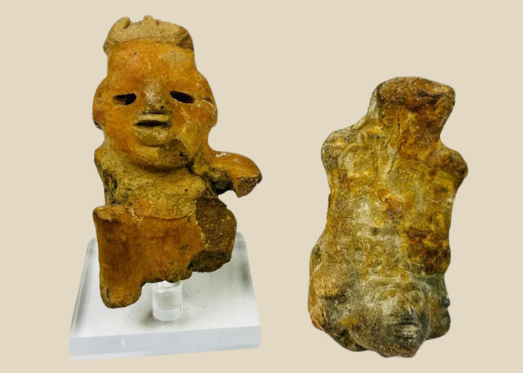Pair of ancient Mexican pottery figures from Jalisco and Nayarit, circa 200 BCE, depicting human forms with stylized facial features and fragmented bodies, reddish terracotta with natural surface wear and encrustation, characteristic of West Mexican shaft tomb culture artifacts.