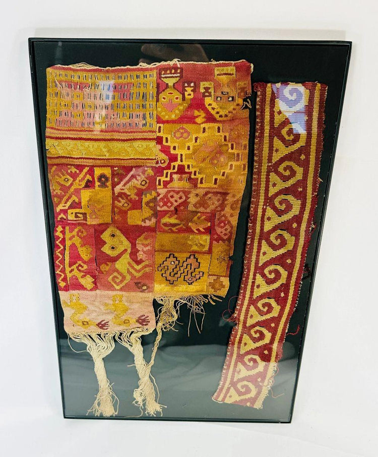 Pair of Chimu Peruvian textiles, circa 900–1470 CE, finely woven cotton and camelid fibers with geometric, animal, and anthropomorphic motifs in vibrant natural dyes.