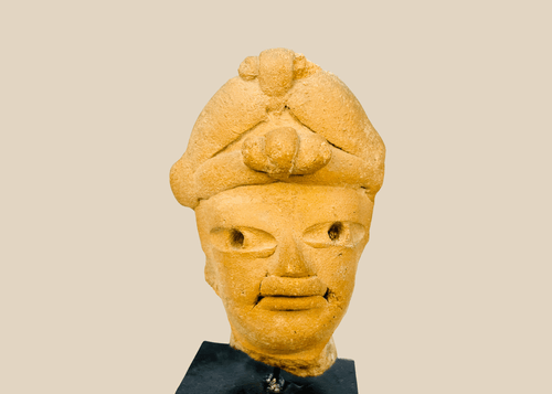 Ancient Pre-Columbian West Mexico terracotta head fragment mounted on stand