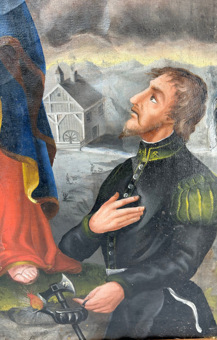 Detail of Cuzco School Andean Colonial painting showing uniformed donor figure kneeling in devotion, holding a halberd before the crowned Virgin and Child, circa 1780–1820.
