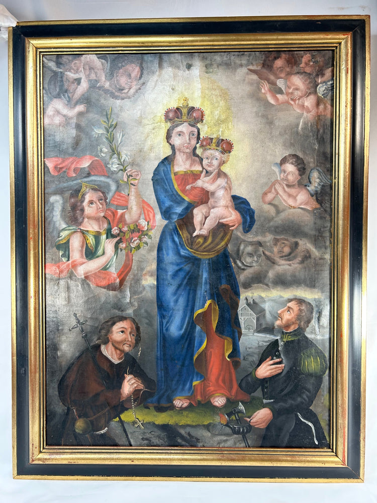 Andean Colonial oil painting of the Virgin and Child surrounded by angels and kneeling donor figures, Cuzco School tradition circa 1780–1820, framed in gold.