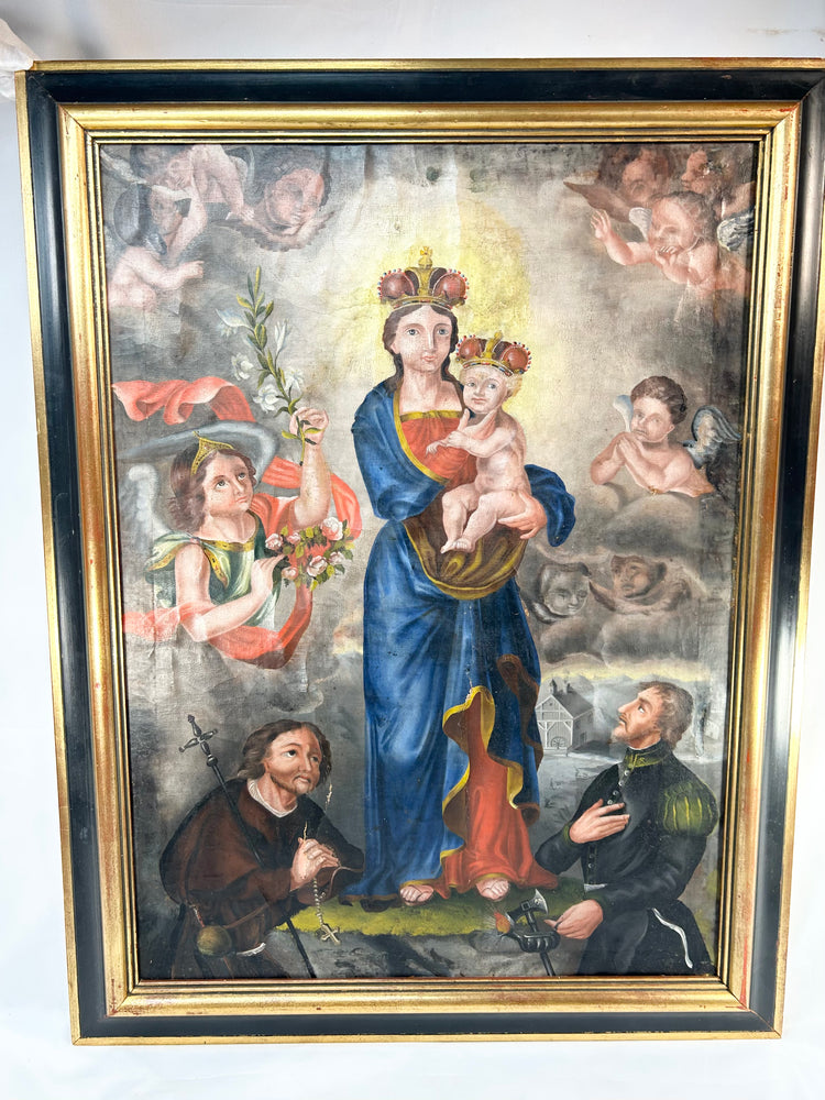 Large Andean Colonial oil painting of the crowned Madonna and Child with golden nimbus, surrounded by cherubic putti, kneeling pilgrim saint, and uniformed donor, Spanish-colonial architecture in background, bold Cuzco School palette, laid to wooden panel, late 18th–early 19th century, Peru.