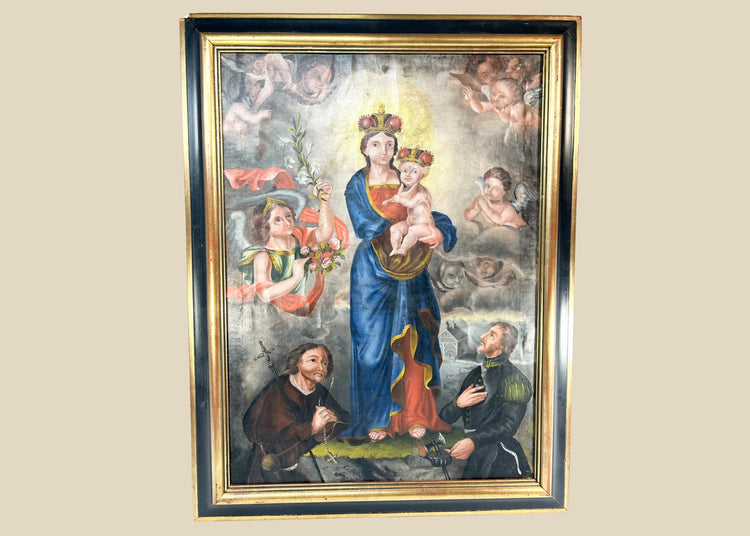 Large Andean Colonial oil painting of the crowned Madonna and Child with golden nimbus, surrounded by cherubic putti, kneeling pilgrim saint, and uniformed donor, Spanish-colonial architecture in background, bold Cuzco School palette, laid to wooden panel, late 18th–early 19th century, Peru.