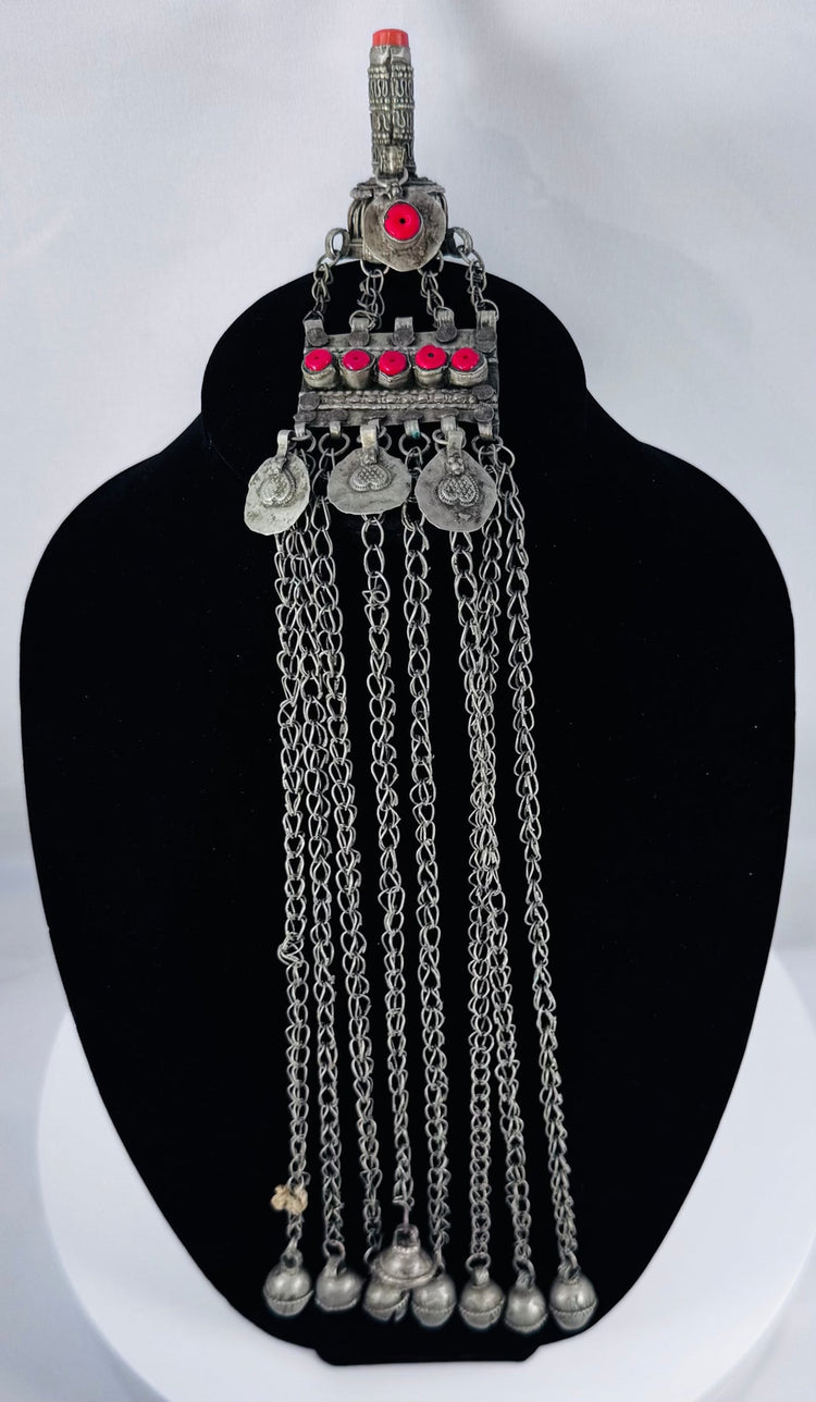 Antique Afghan Kuchi silver-toned tribal pendant with cascading chains, protective prayer tube, and traditional nomadic craftsmanship.