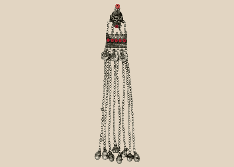 Antique Afghan Kuchi tribal pendant with a hirz prayer tube, red glass cabochons, and cascading chain tassels.