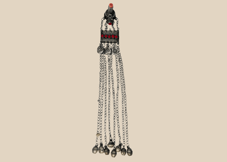 Antique Afghan Kuchi tribal pendant with a hirz prayer tube, red glass cabochons, and cascading chain tassels.