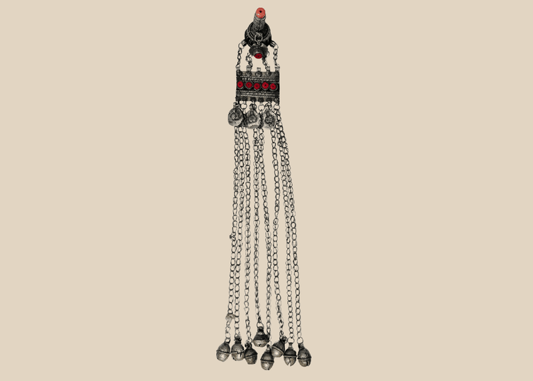 Antique Afghan Kuchi tribal pendant with a hirz prayer tube, red glass cabochons, and cascading chain tassels.
