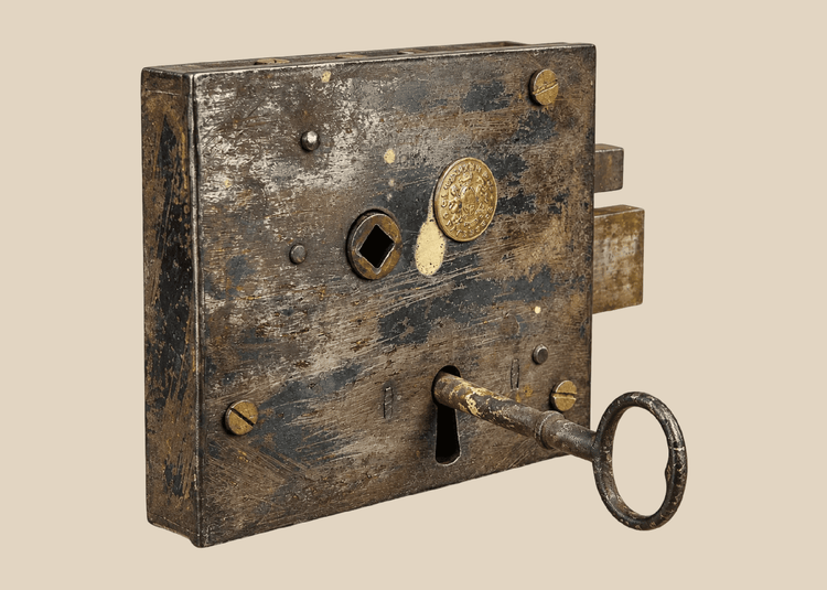 Antique Carpenter and Co rim lock with original iron key and forged metal body