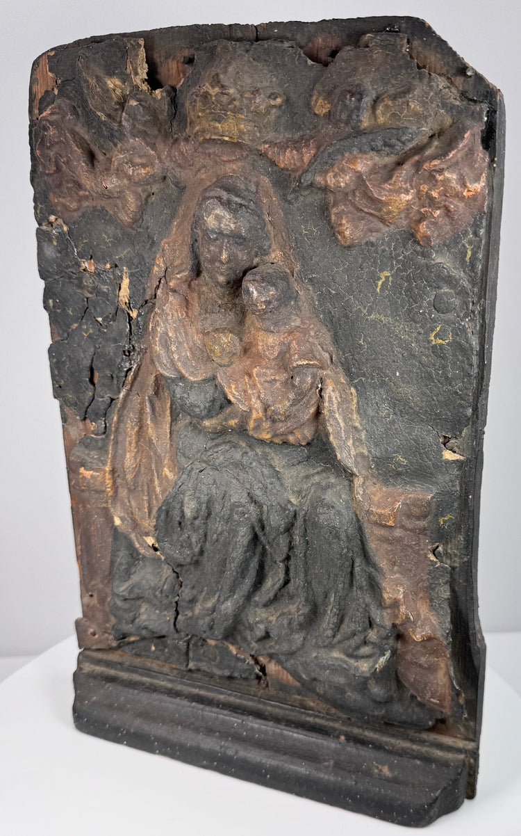 Antique Virgin and Child panel with Queen of Heaven iconography and substantial high-relief carving