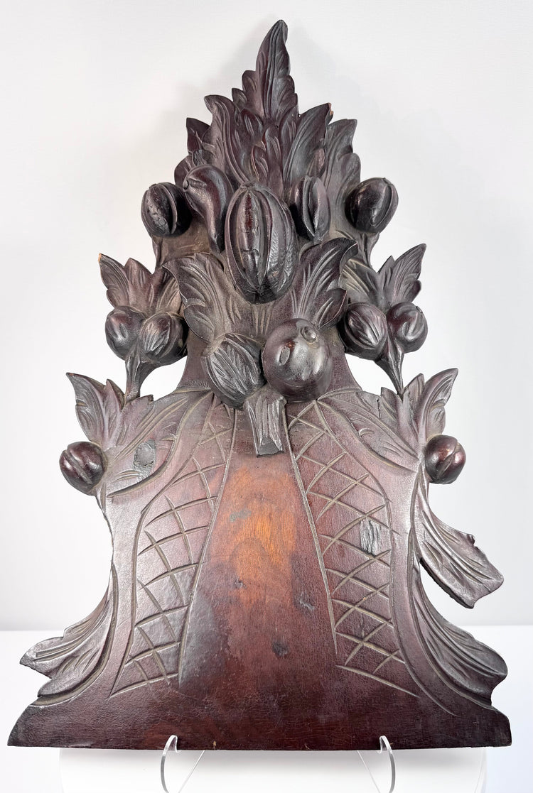 Late 19th-century Brienz-style hardwood carving featuring fruit, nuts, seed pods and layered naturalistic leaves