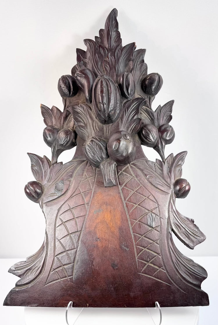 Late 19th-century Brienz-style hardwood carving featuring fruit, nuts, seed pods and layered naturalistic leaves