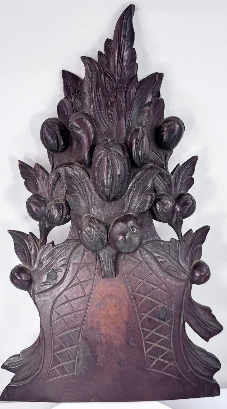 Antique Black Forest walnut fruit basket pediment high relief carving
