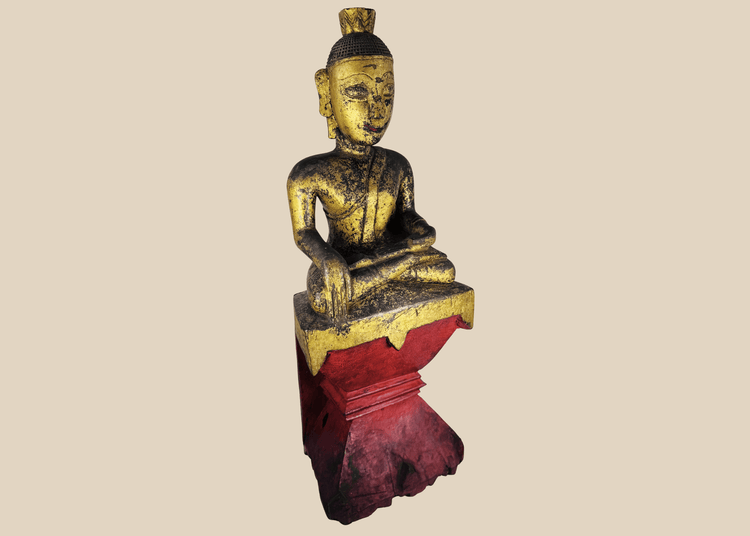 Antique Burmese Shan Buddha sculpture in Bhumisparsha Mudra with lacquer and gilded finish.