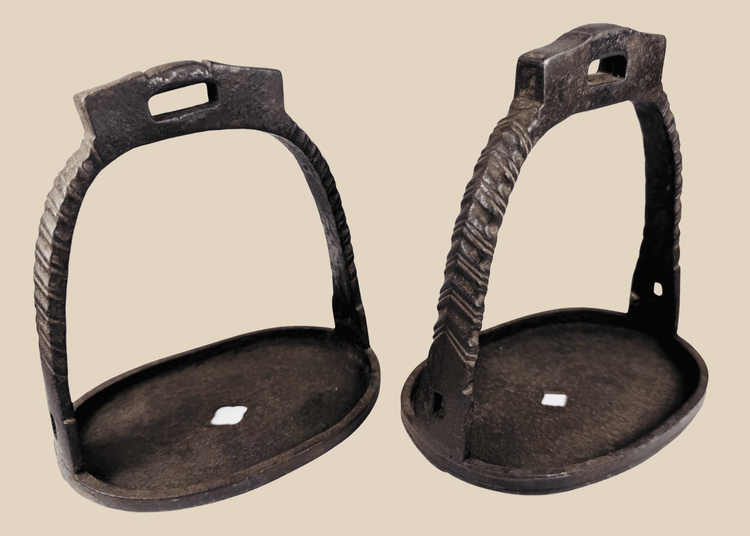 Pair of antique Chinese hand-forged iron stirrups from the Qing Dynasty