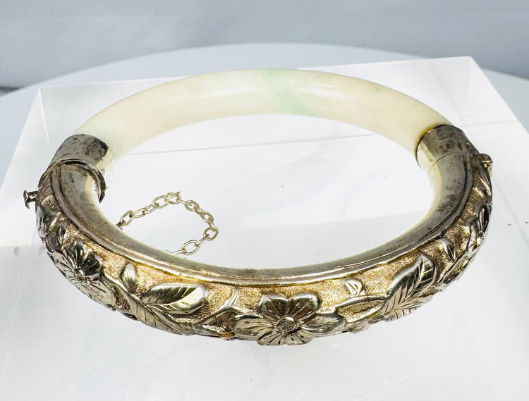 Chinese export-market bracelet combining polished hardstone with repoussé silverwork