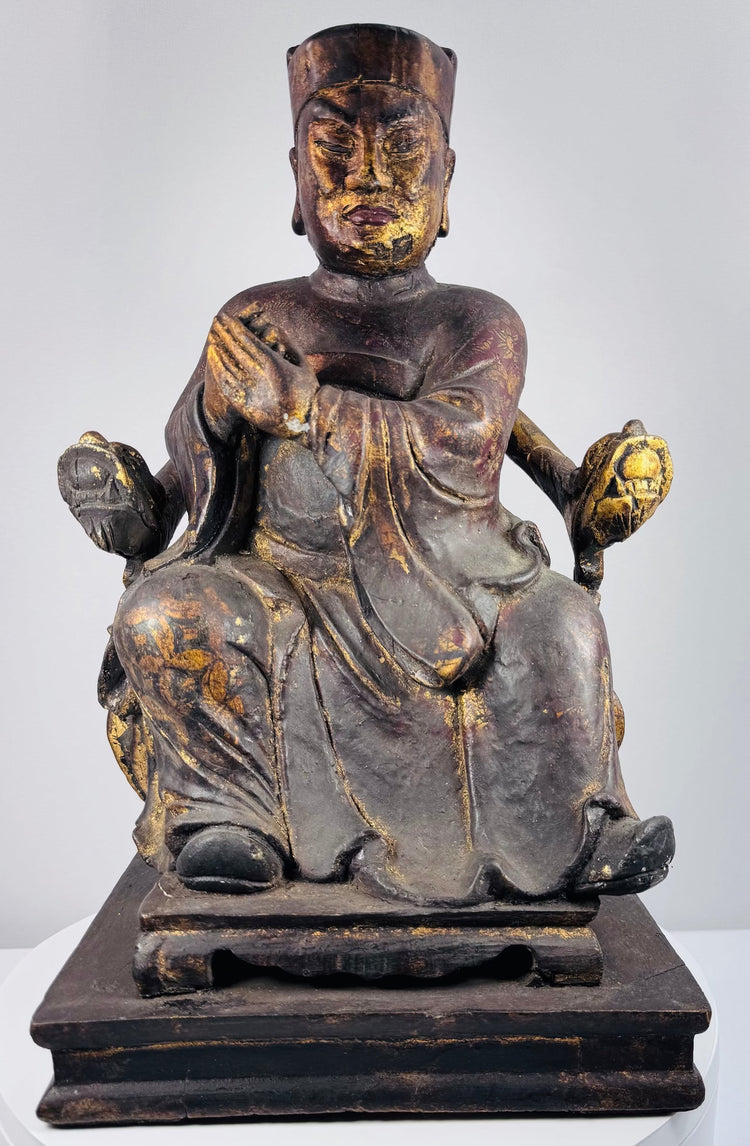 Antique Chinese ancestor figure circa 1800–1900 with burgundy lacquer, gilt floral decoration and ceremonial throne