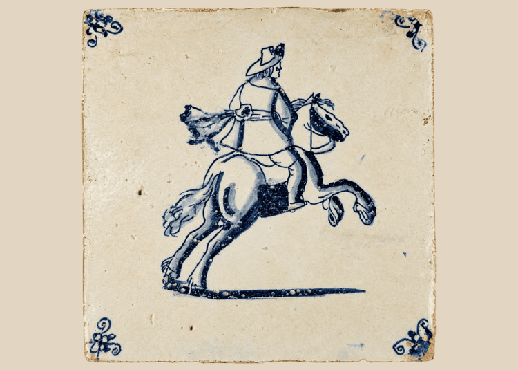 18th century Dutch Delft tile with cobalt blue horseman decoration