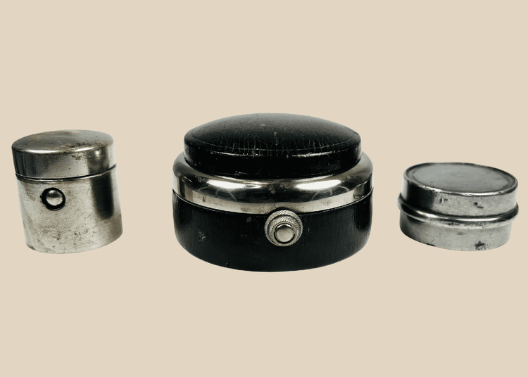 Antique portable writing set with multiple inkwell containers and metal lids