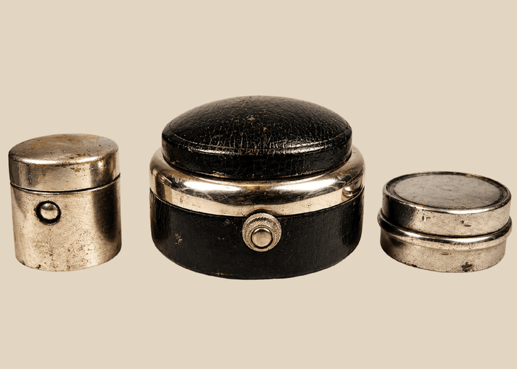 Antique portable writing set with multiple inkwell containers and metal lids
