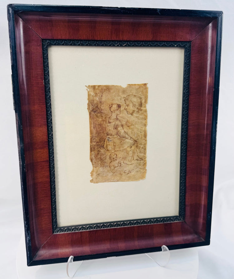 European artist's preparatory sketch on vellum mounted in a decorative wooden frame