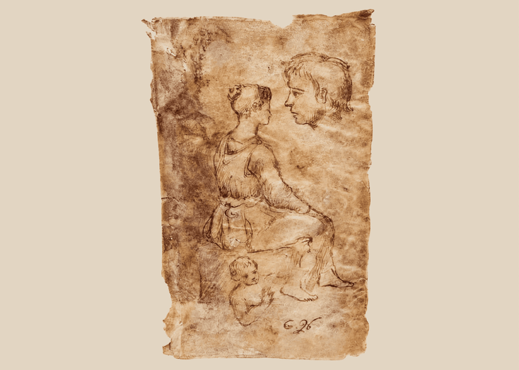 18th-century European sepia ink figure study on vellum depicting a seated female figure