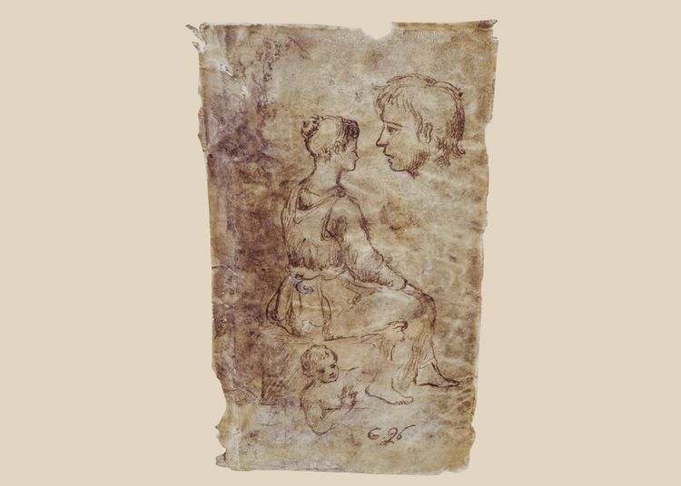 18th-century European sepia ink figure study on vellum depicting a seated female figure