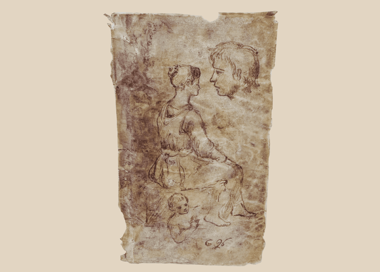 18th-century European sepia ink figure study on vellum depicting a seated female figure