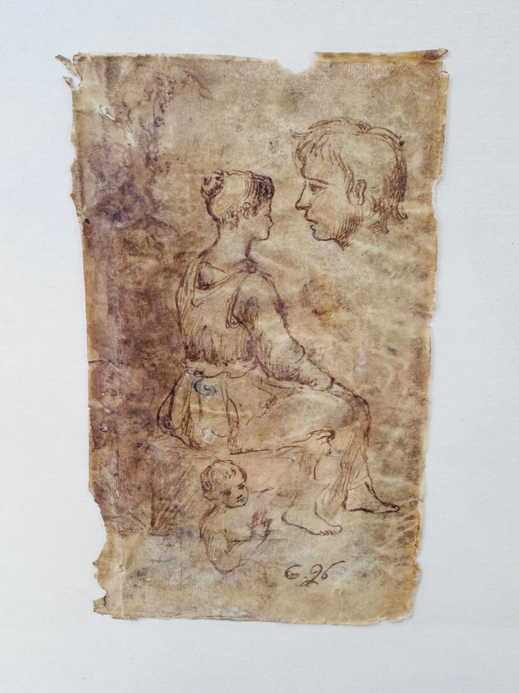 Antique European drawing on vellum featuring studies of a woman, child, and male profile