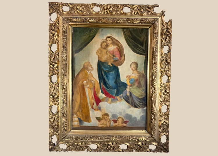 Early 20th-century German reproduction of Raphael’s Sistine Madonna in an ornate pierced giltwood Rococo Revival frame