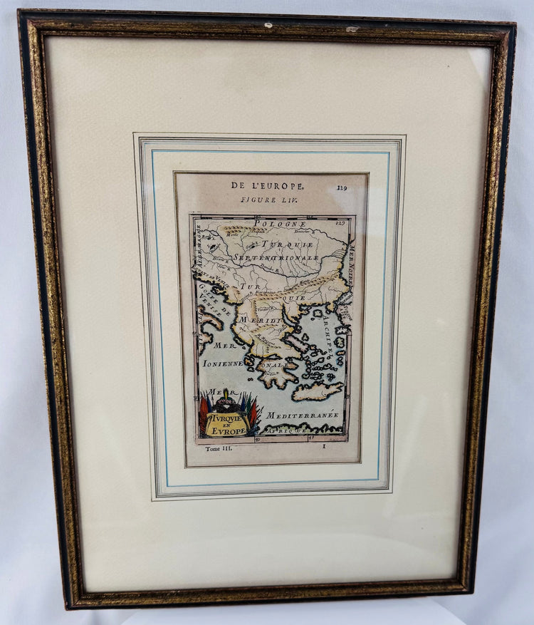 Seventeenth-century French map of the Ottoman Empire in Europe with original hand coloring and period cartography.